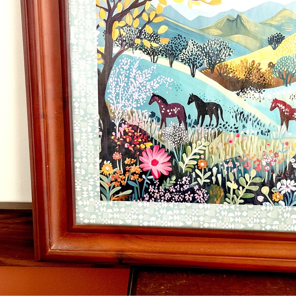 Whimsical Horses in a Colorful Flower Field Forest Canvas Wall Art Wood Framed - Picture 6 of 11
